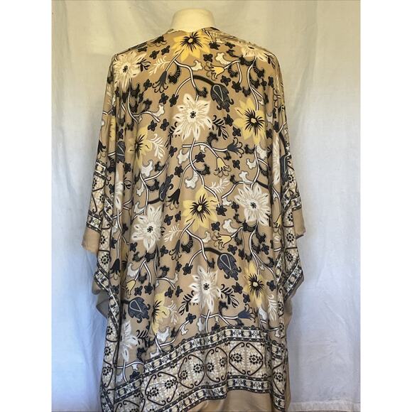 Boho Floral Kimono Ruana Wrap Long Draped Open Front Shawl Lightweight Tan EUC - Picture 4 of 8